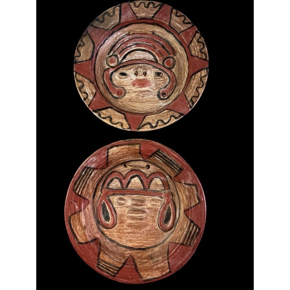 2 Clay Wall Plates Anthropomorphic Zoomorphic Pottery Tribal Style Folk Art 8"
